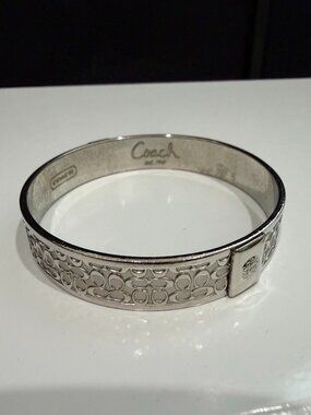 Coach Signature C Logo Wide Bangle Bracelet Silver Tone Legacy Design